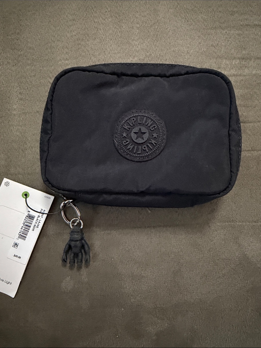 Kipling Black Nylon Travel jewelry pouch with Signature Ape Charm, NWT